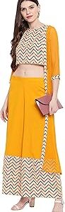 Women's Yellow Poly Crepe Chevron/Zig Zag Crop Top with Palazzo and Jacket