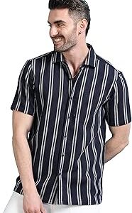 Men's Half Sleeve Textured Striped Casual Cutaway Collar Shirt S-2XL