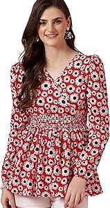 Women's Casual Puff Sleeves Floral Print Peplum Top
