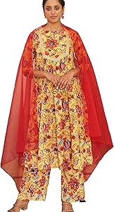 Women's Yellow Cotton Floral Printed Kurta with Palazzo and Dupatta