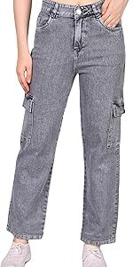 Women's Cargo Boyfriend Jeans ? High Rise, Straight Fit, Ankle Length, Trendy & Comfortable Denim with Side Pockets
