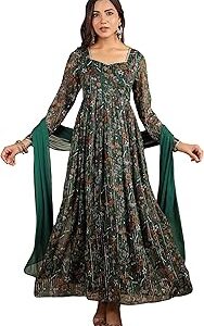 Women's Dark Green Chiffon Floral Printed Anarkali Kurta with Dupatta Set