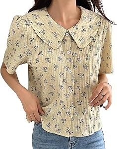 Women's Short Sleeve Button-Down Shirt | Printed Casual Crop Top | Stylish Collared Shirt for Women | Oversized Shirt for Woman