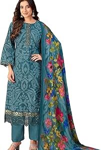 Women's Unstitched Print Embroidered Pure Cambric Cotton Salwar Suit Dress Materials with Cotton Mal Mal Printed Dupatta