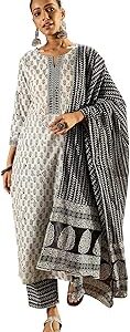 Women Pure Cotton Printed Straight Kurta & Palazzo With Dupatta Set (Kh0Gn5530)