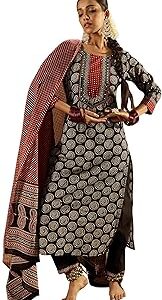 Women Pure Cotton Printed Straight Kurta Pant With Dupatta Set (Kh0Bk9443)