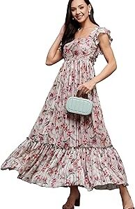 Women's Square Neck Layered Ruffles Sleeve Floral Patterned Tiered with Pockets Maxi Georgette Dress