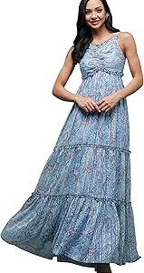 Women's Sweetheart Neckline Adjustable Shoulder Strap Paisley Patterned Tiered Maxi Georgette Dress