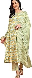 Women's Cotton Ankle Length Notch Neck Full Sleeves Floral Print Anarkali with Pant and Duptta