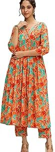 Women's Orange Pure Cotton Floral Printed A-Line Kurta Pant Set