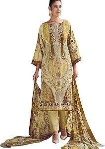 Women's Unstitched Pakistani Print Embroidered Pure Cotton Salwar Suit Dress Materials with Cotton Printed Dupatta