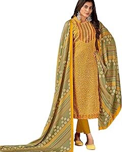 Swaroski Work Bandhani Printed Unstitched Pure Pashmina Woollen Winter Salwar suit Dress Material for Women with Twill Pashmina Printed Shawl Dupatta for Ladies