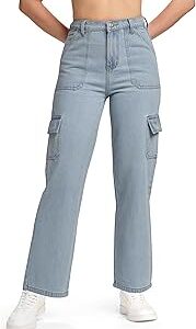 MeQueen Women's Pewter Blue Loose Fit Cargo Jeans with Flap Pockets