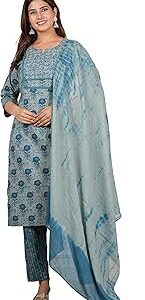 Women's Cotton Cambric Knee length Key Hole Neck Floral Printed Cut bead Work Regular Fitted Kurta With Pant & Dupatta