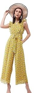 Women's Round Neck Sleeveless Floral Wide Leg Jumpsuit with Pockets