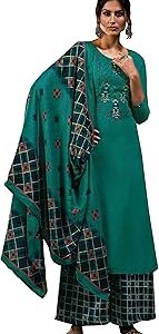 Women's Pure Wool Pashmina Embroidered Unstitched Palazzo/Pant/Salwar Suit with Pashmina wool Shawl Dupatta/Chunni for/Office Wear/Casual/Winter wear
