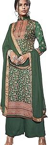 Women's winter wear Kashmiri pure pashmina wool winter wear dress material with pure bemberg lace dupatta (green)