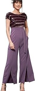 Women's Round Neck Short Sleeve Embellished Front Slit Fringed Regular Jumpsuit with Pockets