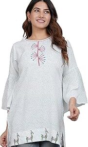 Women's Cotton Regular Fit Embroidered Geomatrical Printed Top