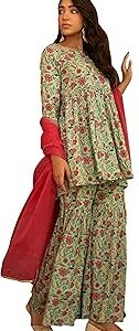 Women's Light Green Cotton Floral Printed Kurta with Sharara and Dupatta