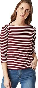 Women's Maroon & White Boat Neck 3/4th Sleeves Regular Basic Cotton Striped Top