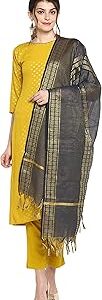 Women's Mustard Poly Crepe Gold Print Kurta with Pant and Dupatta