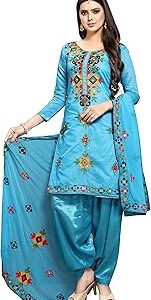 Women's Rajasthani Mirror Work Chanderi Embroidery Unstitched Salwar Kameez Dress Material (Rama)