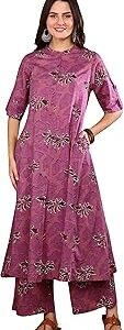 Women's Cotton Floral Print Knee Length Half Sleeve A-line Kurta with Pant
