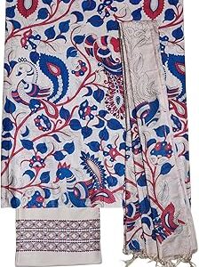 Women's Unstitched Salwar Suit Set with Dupatta | Kalamkari Cotton Silk Unstitched Dress Material