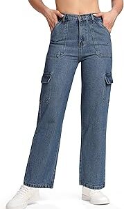 MeQueen Women Steel Blue Loose Fit Cargo Jeans with Flap Pockets
