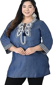 Women's Girls Embroidery Top Denim Blue (Plus Zize)