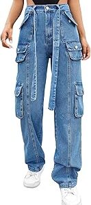 Fashion Women Cargo Jeans | High Waist Stretchable Wide Leg Loose Fit Denim| Boyfriend Cargo Jeans for Women(WJ1-1235)