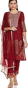 Women Navy Art Silk Straight Kurta Pants Suit Set
