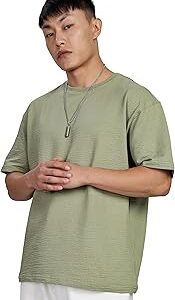 Men's Casual Textured Round Neck T-Shirt - Oversize Fit | Stretch Cotton Fabric | Half Sleeves | Soft & Stretchable | Oversized T-Shirts for Men | T-Shirts for Men