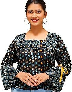 Women'S Rayon Floral Printed Square Neck Regular Fit Button Down Waist Length Bell Sleeve Tops
