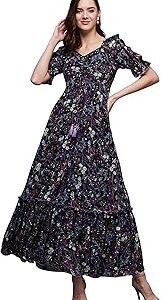 Women's V-Neck Puff Sleeve Floral Ruching Ankle Length Dress with Pockets (Plus