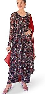 Women's Dark Blue Georgette Digital Floral Printed Kurta with Palazzo and Dupatta