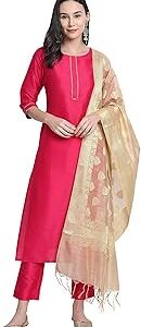 Women's Gold Poly Silk Solid Kurta with Pant and Dupatta