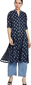 Women Navy Blue Art Silk Kurta Pants Set