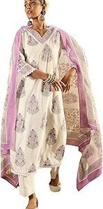Women Pure Cotton Printed Straight Kurta Pant With Dupatta Set (Kh0Wh6163)