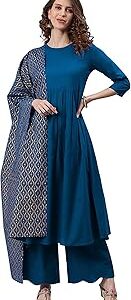 Women's Blue Cotton Kurta With Palazzo And Dupatta