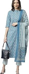 Women's Blue Cotton Kurta With Pant And Dupatta