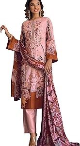 Women's Unstitched Pakistani Print Thread Embroidered Pure Cotton Salwar Suit Dress Materials with Cotton Printed Dupatta