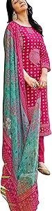Women's Unstitched Mirror Work Bandhani Print Pure Cotton Salwar Suit Dress Materials with Chiffon Printed Dupatta