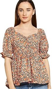 Women's Cotton Puff Sleeves Fit & Flare Regular Fit Top