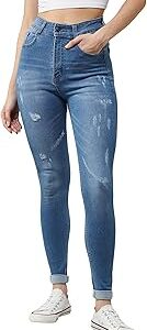Women's Blue Skinny High Rise Mild Distress Regular Stretchable Denim Jeans