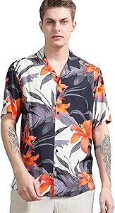 Men's Half Sleeve Floral Printed Lightweight Cuban Collar Shirt S-2XL