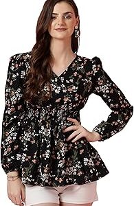 Women's Casual Puff Sleeves Floral Print Peplum Top