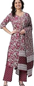 Women's Wine Cotton Floral Print Kurta with Palazzo and Dupatta
