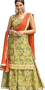 Women's Green Cotton Floral Block Print Kurta with Palazzo and Dupatta